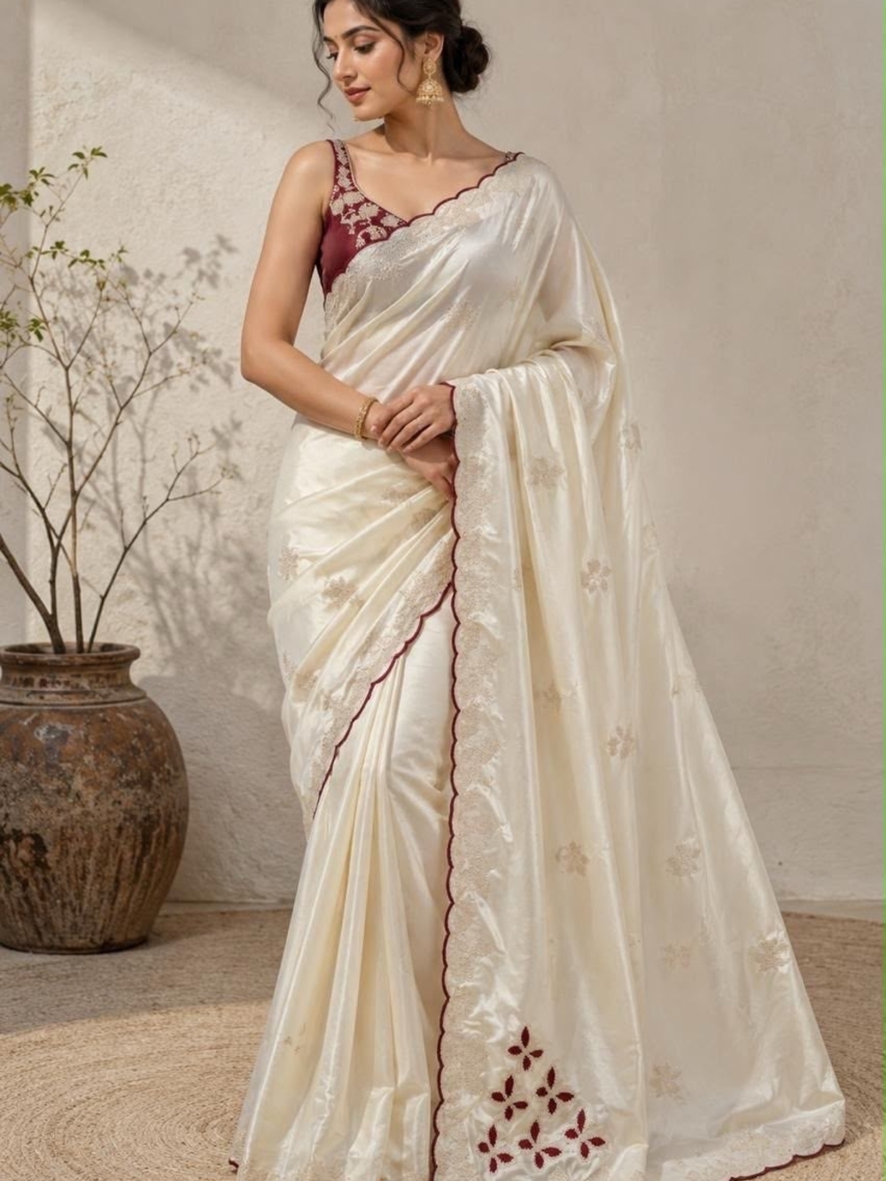 Elegant Cream Saree with Maroon Accents - Women's Ethnic Wear